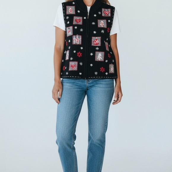 Erika Jackets & Blazers - Erika Petite Holiday Sweater Vest Black Knit Zip Up Embroidered Vest Size PL